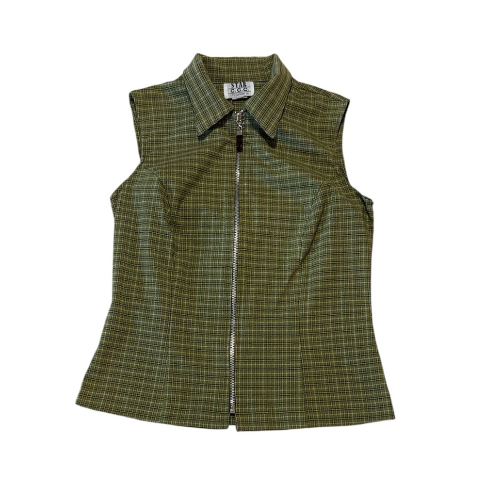Light Green Plaid Sleeveless Zip-Front Top
